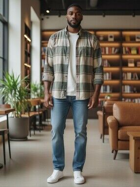 Twenty X Men XL Plaid‎ Long Sleeve Button-Down Shirt Sage Green & Cream Vintage